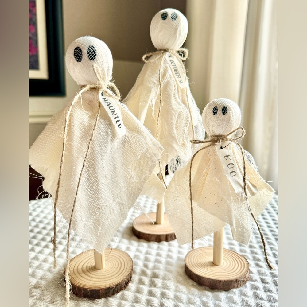 New Rustic Fall Halloween Wispy Ghost Figures Wooden Decor Boo Basket Set of 3
